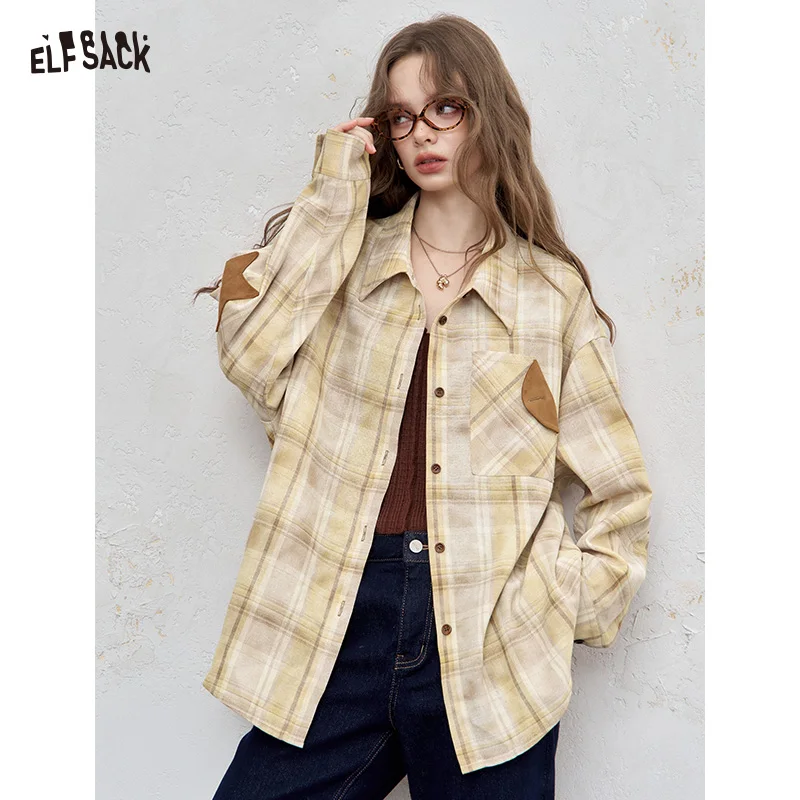 2025 Autumn ELFSACK New Arrivals Casual Color Block Plaid Oversized Long Sleeve Lapel Collar Shirt For Women
