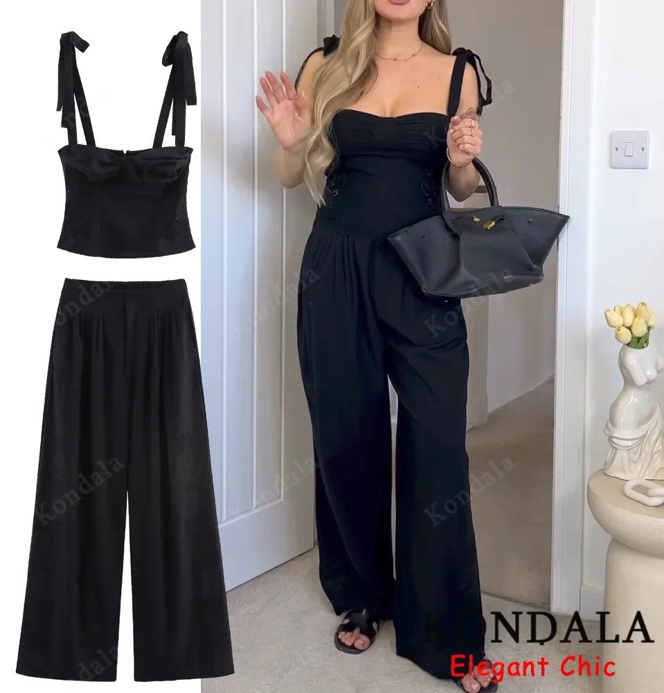 

KONDALA осенний винтажный комплект с вышивкой, женский сексуальный топ на молнии с лямкой на шее или длинные брюки, летняя мода 2025, элегантный праздничный комплект брюк