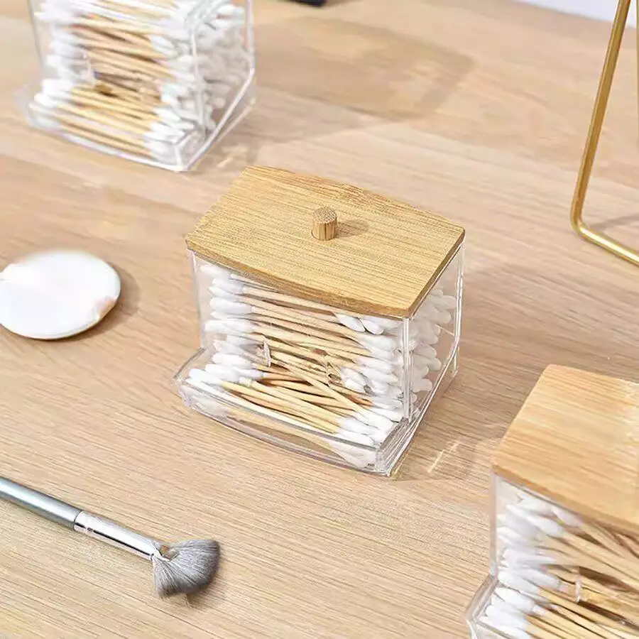 

Clear Acrylic Cotton Swab Holder with Lid Bathroom Storage Box for Cotton Buds Toothpicks Home Organization