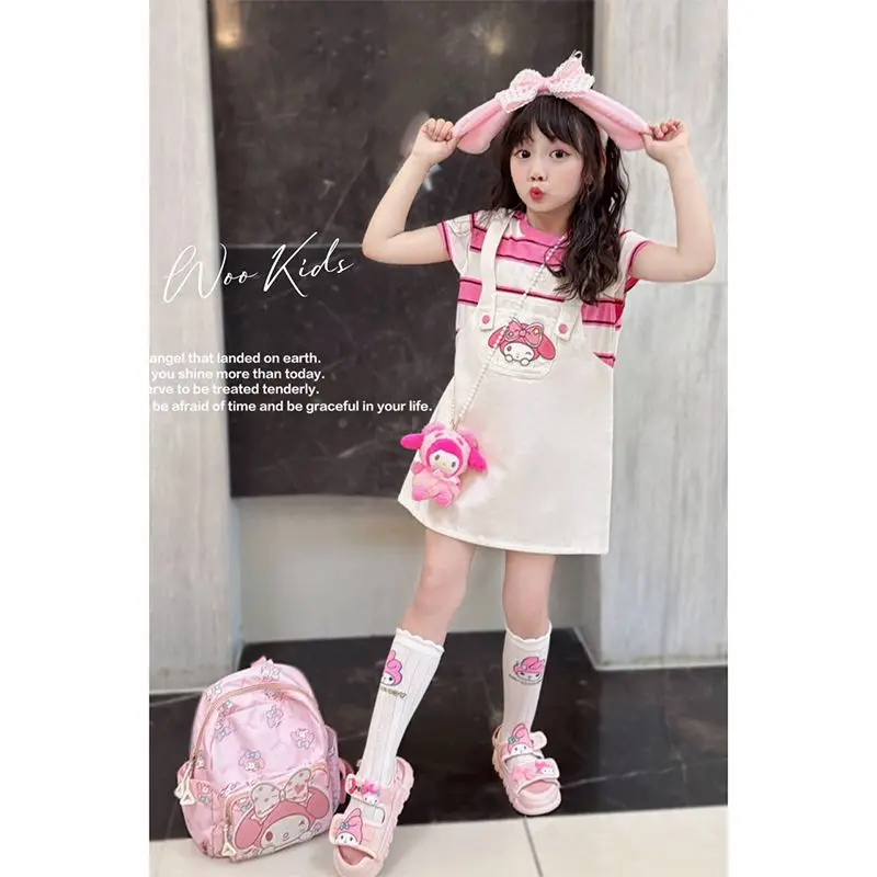 My Melody Anime Kawaii Sanrio Ins Sweet Short Sleeve Dress Cute Cartoon Fashion Fake Two Suspenders Skirt Clothing Girls Gifts