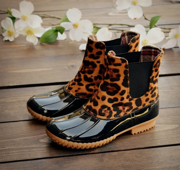 Ankle Rainboots for Women Leopard Woman Winter Boots Waterproof Rain Boots Female Winter Shoes Square Heel Women Galoshes Boots