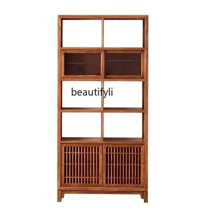 TTT Solid wood bookcase New Chinese style old elm bookshelf Living room whole wall display cabinet Study home locker