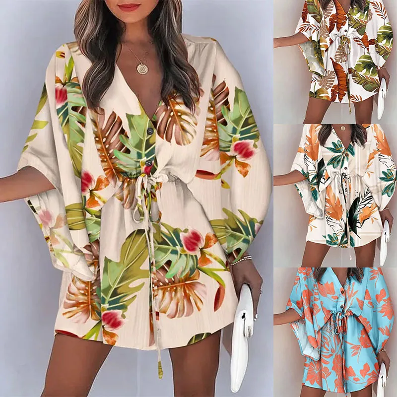 Women's Dresses Flying Sleeve Deep Neck Lace Up Printed Loose Dress Beach Party Holiday Fashion Casual Summer 2024