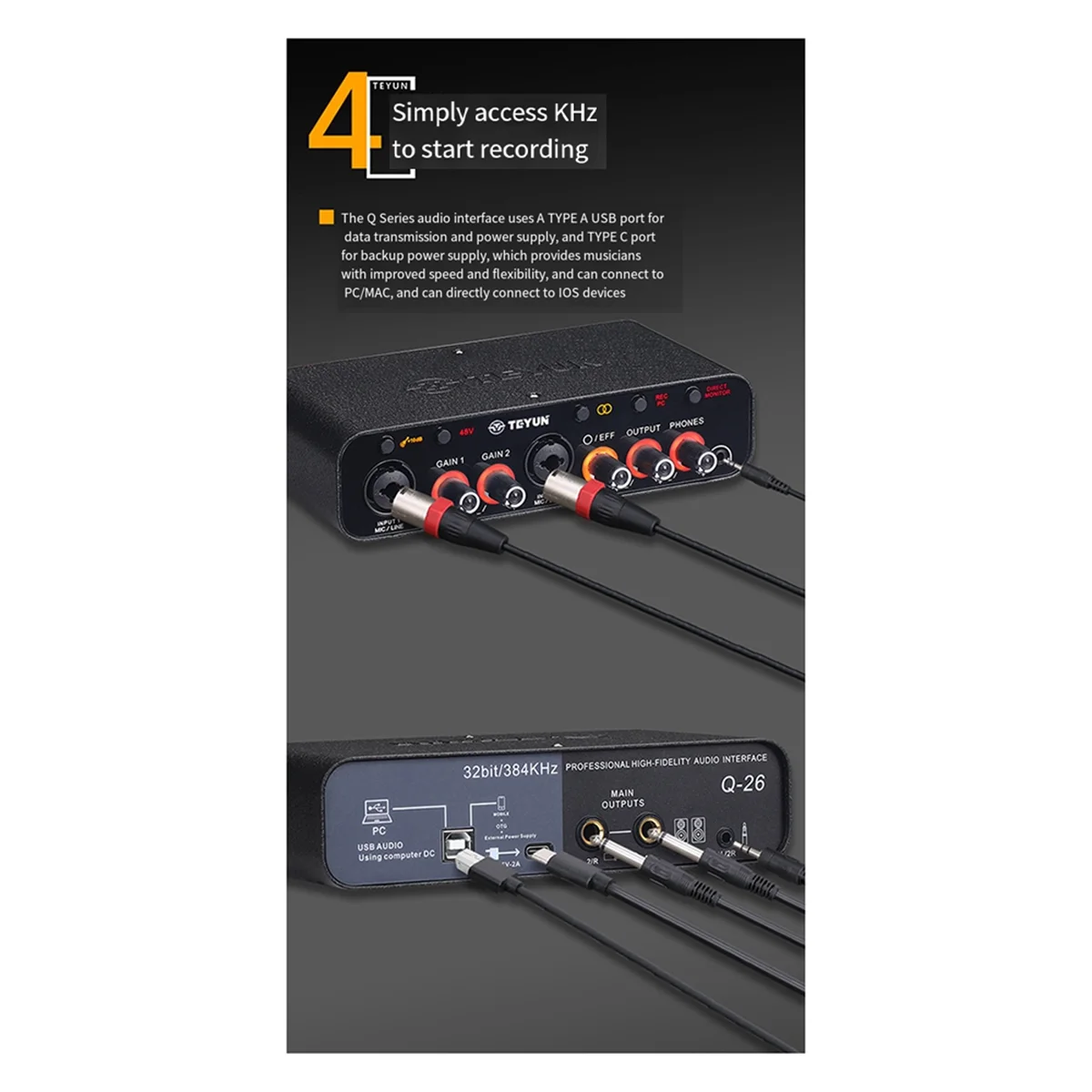 TEYUN Q-26 USB Audio Interface Sound Card with Electric Guitar Live Recording USB External Sound Card for Studio