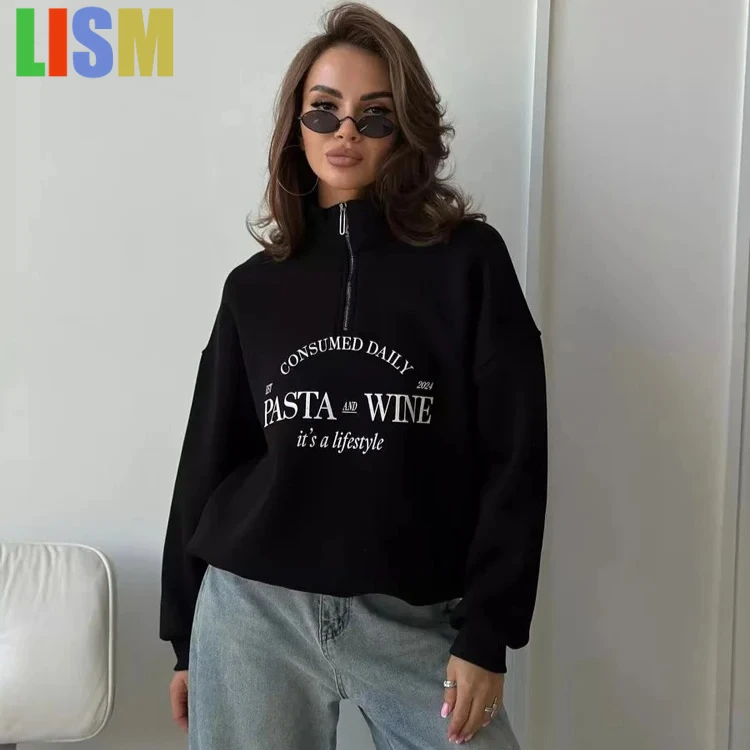 

LISM women's winter clothes y2k hoodies sweatshirt 2025 Warm Thick Letter Print Loose Half-zip Long-sleeved Turn-down Collar