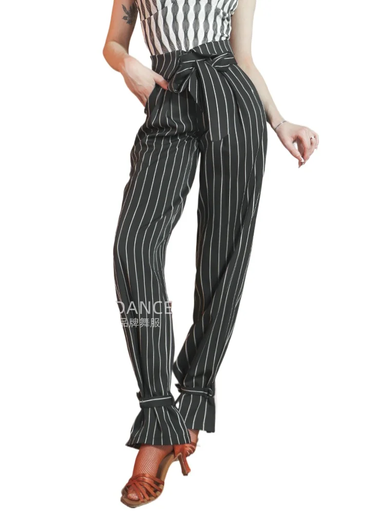 2025 Woman National Standard Dance Trousers New Striped High Waist Pants Latin Dance Practice Leg Pants Dl583