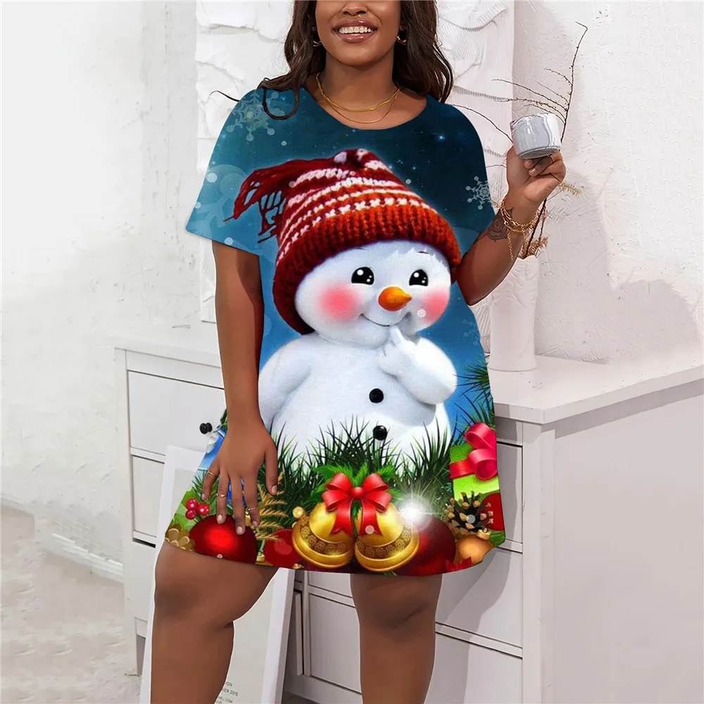 Lose Winter Weihnachten Schneemann Print Kleid Frauen lässig Party A-Linie Kleider Herbst Kurzarm Mode plus Größe Kleidung