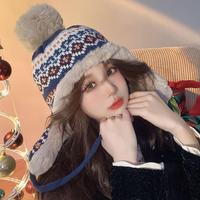 Hot Ethnic Jacquard Soft Striped Spliced Knitted Hat Coldproof Thickened Fluffy Fleece Earflap Hat Skiing Hiking Outdoor Caps