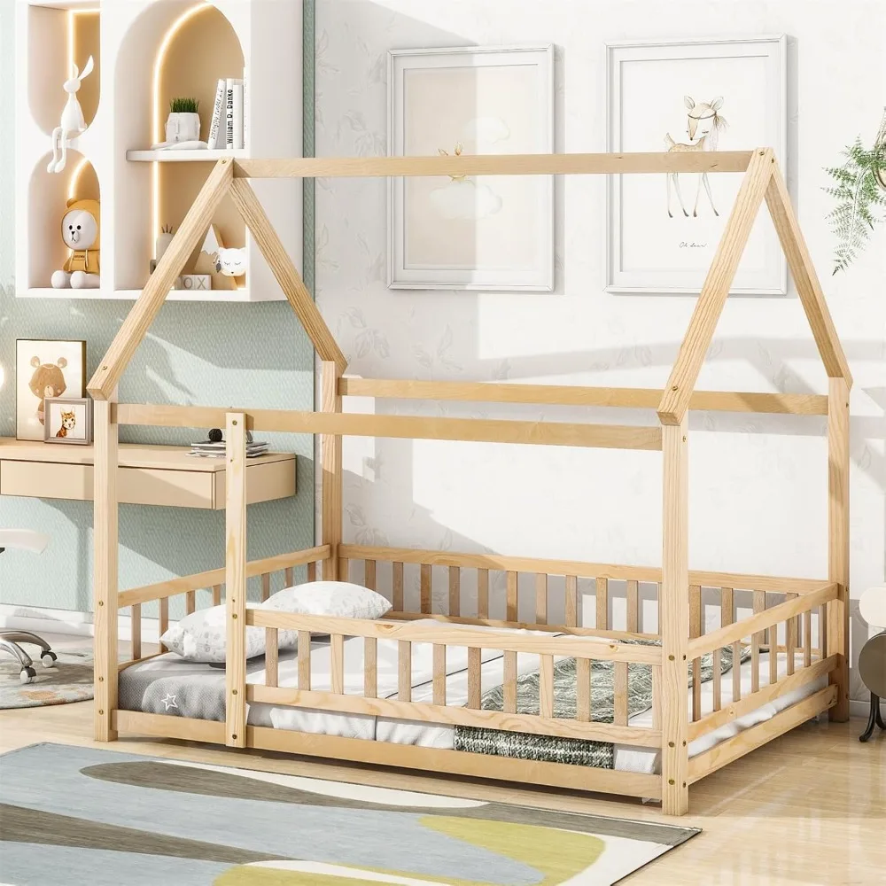 Full Size Bed Frame with Fence, Roof Design, Wooden Montessori Beds for Boys Girls Bedroom, Floor House Bed Frame