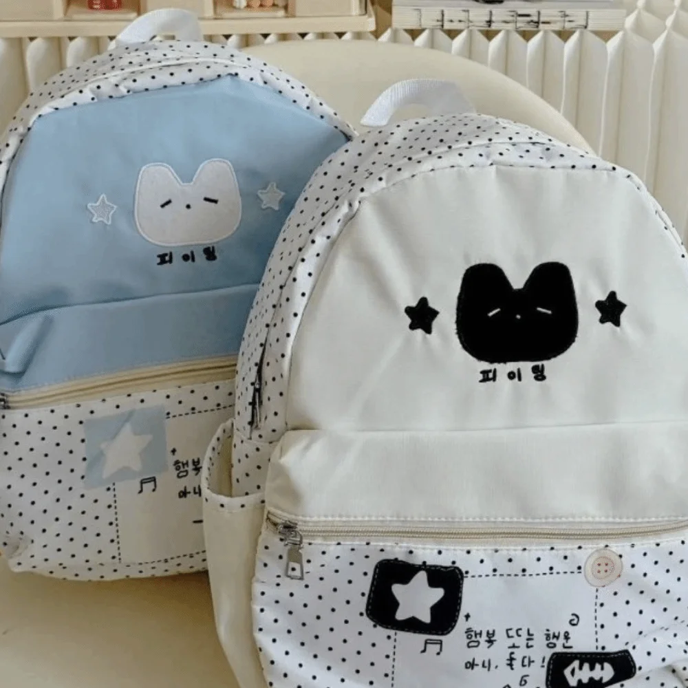 Nylon Polka Dot Patchwork Backpack Large Capacity Lightweight Cat Print Daypack Multi Pocket Polyester Lining School Bag Teen