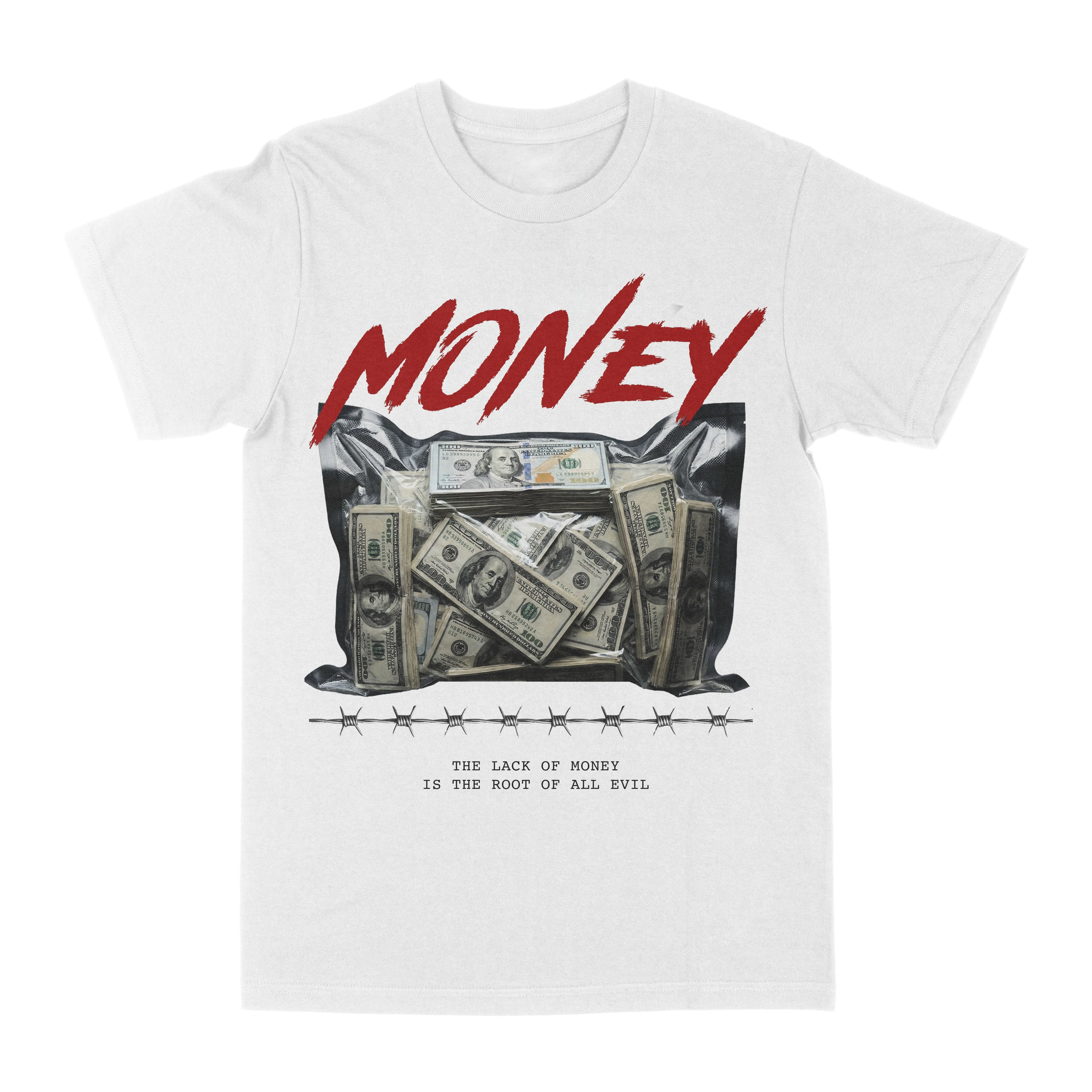 Shortage of funds. Trendy streetwear brand T-shirt with millennium-themed patterns. Men's and women's summer streetwear.
