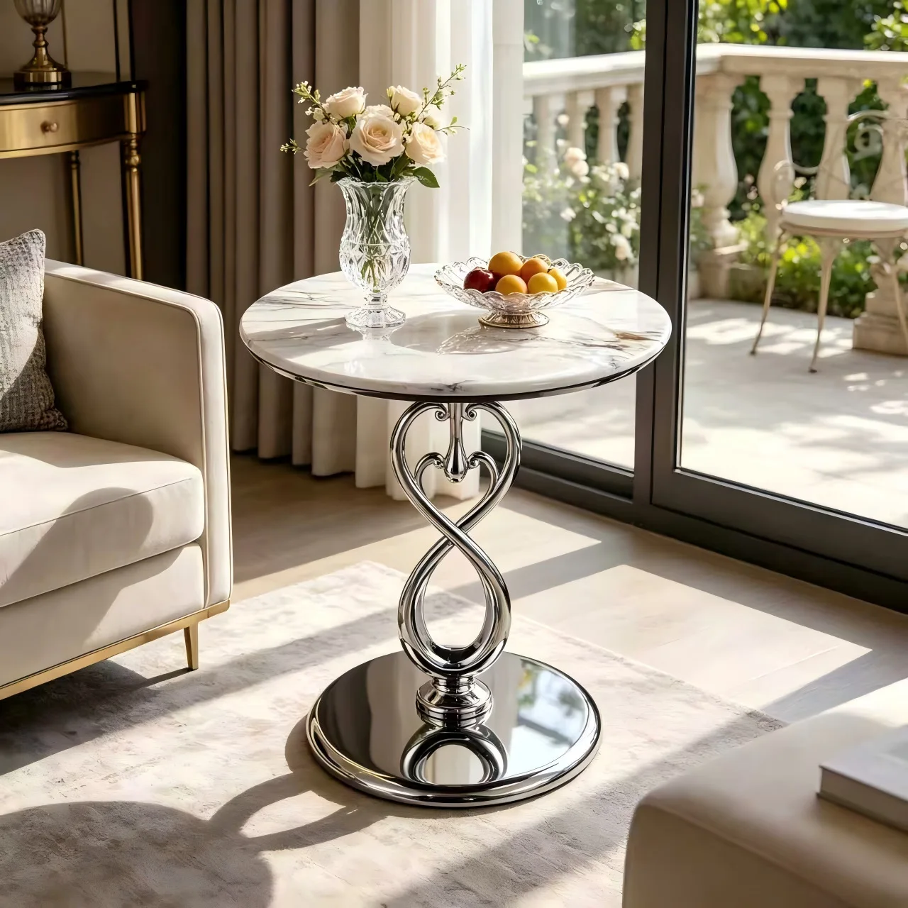 Light-Luxury-Style Quartz-Stone Coffee Table with Metal Frame Mobile Design for Living Room Bedroom Hotels & Small Spaces