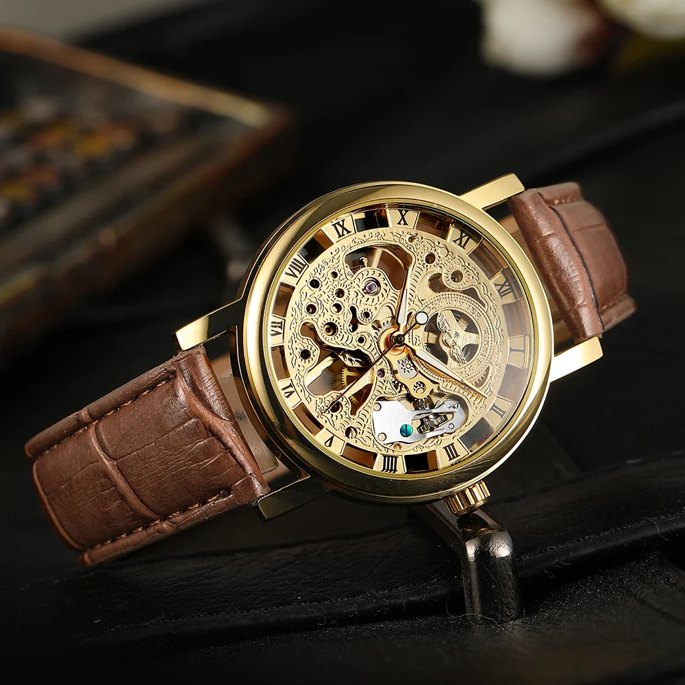 T-WINNER Klassische Skelett-Herrenuhr mit Gravur, hohl, mechanisch, Lederarmband, römische Ziffer, leuchtende Zeiger, lässige Herrenuhr