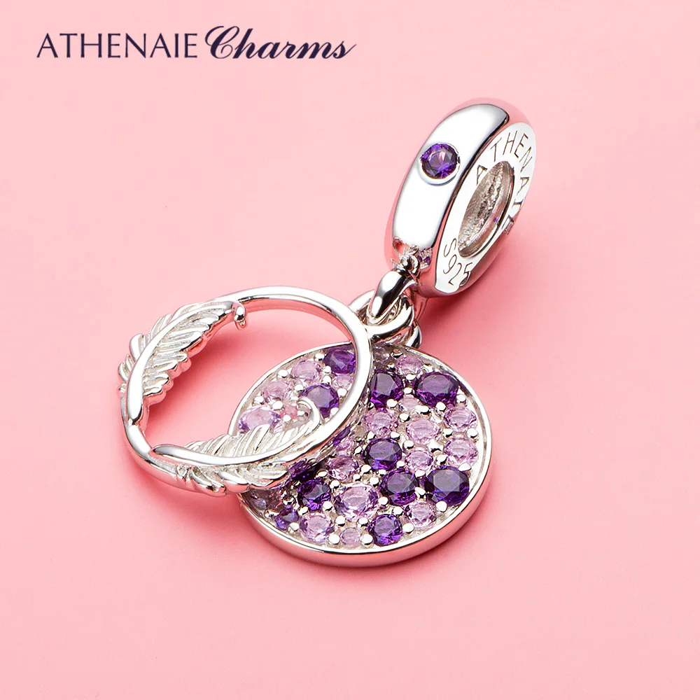 ATHENAIE 925 Sterling Silver Feather Pendant with Purple CZ Stone Fit European Bracelets for Perfect Gift Women Jewelry