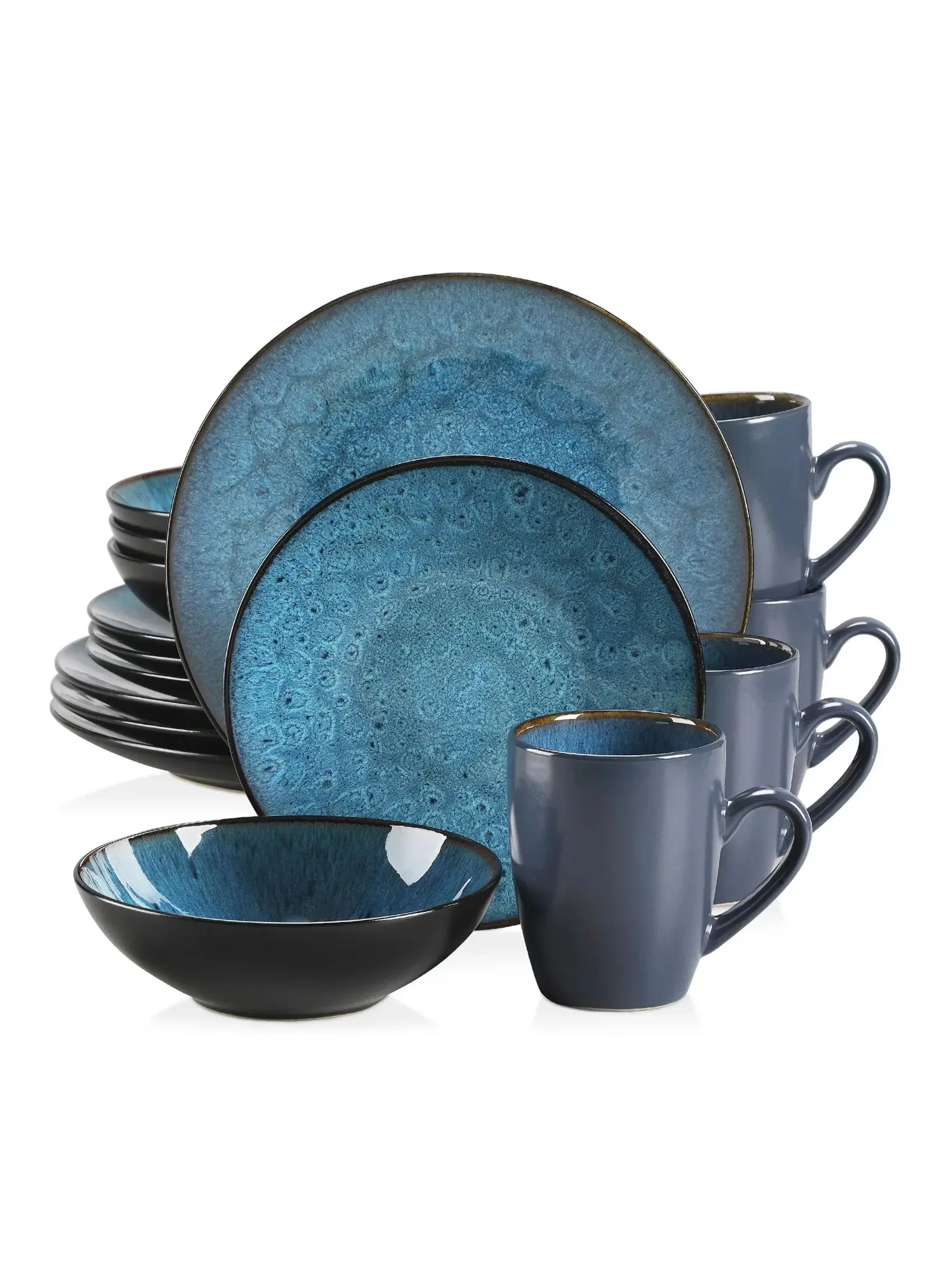 VANCASSO BUBBLE 16/32-delige serviesset vintage keramiek blauw/bruin steengoed set met diner- en dessertbord, kom, koffiekopjes - afbeelding 2