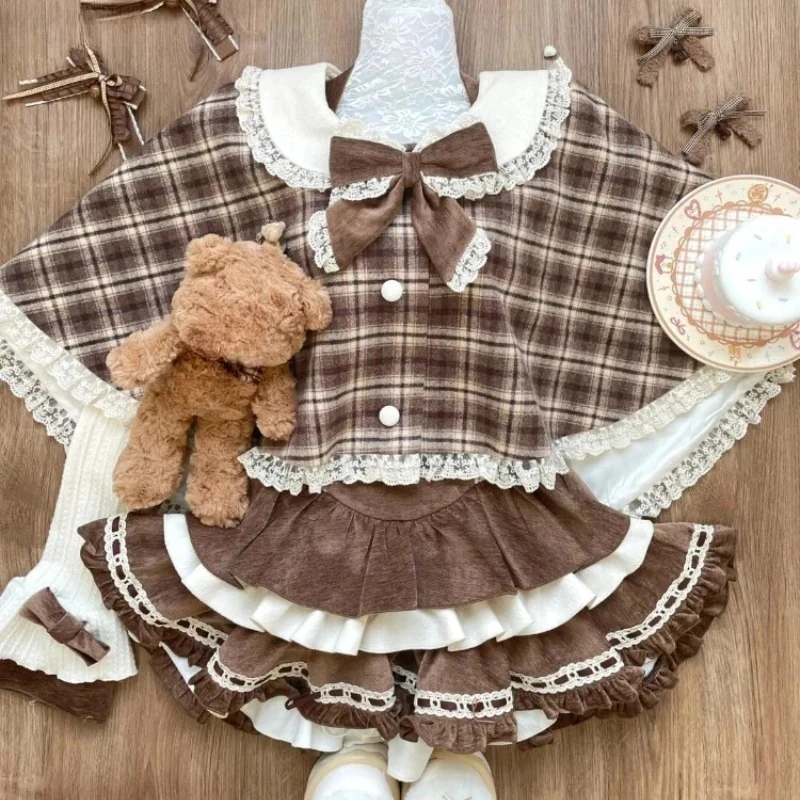 Women Kawaii Plaid Cloak Coat Knitted Top Short Party Dress Vintage Suit Korean Y2k Cape Outfits Sweet Lolita Style 3 Piece Sets