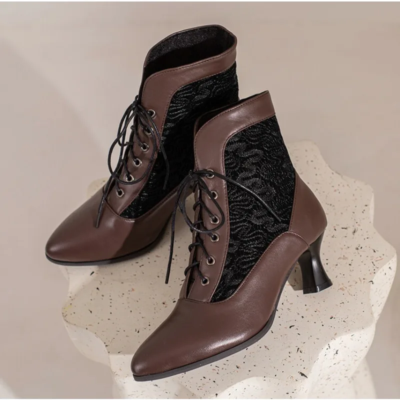 

Size 32-46 Women Ladies Boots Fall Winter Vintage Leather Lace Short Boots Shoes Women Fashion Lace Trim Boots High Heel Shoes