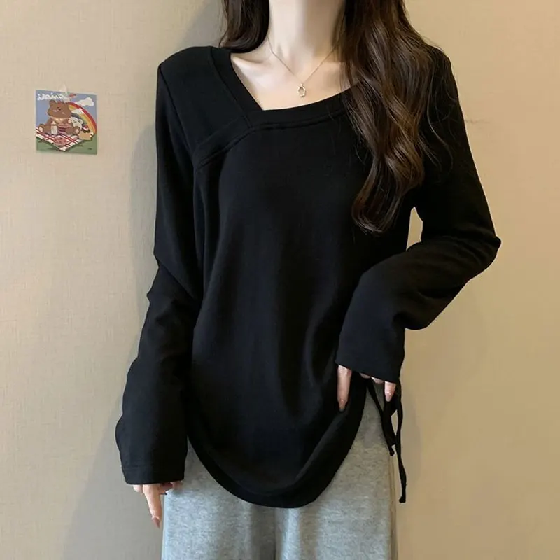 Stylish Skew Collar Loose Pullovers Women's Clothing Shirring Drawstring Spring Autumn Solid Color Casual Long Sleeve T-shirt