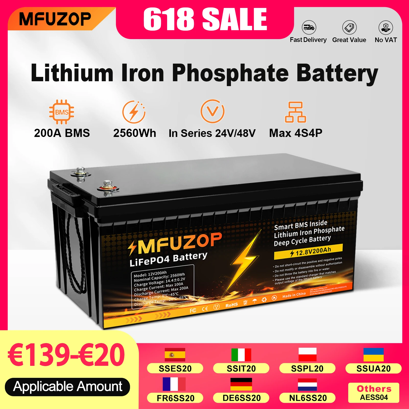 Batterie LiFePO4 MFUZOP 12V 200Ah Portable Rechargeable avec Système BMS Intelligent Intégré Cycle Profond 8000+ pour VR Solaire Sans TVA