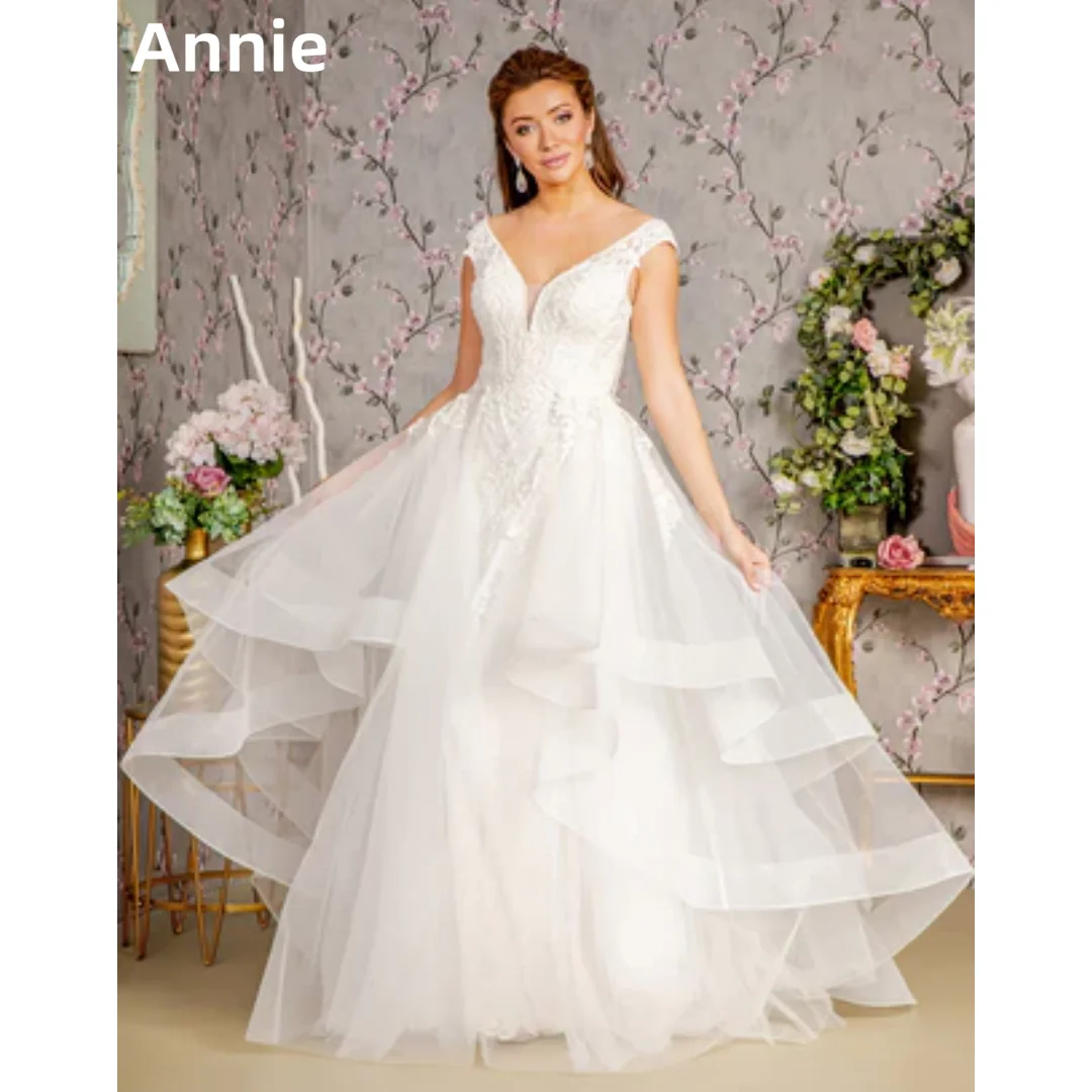 Annie Elegant White Wedding Dress Lace Embroidery Fairy Prom Dresses Fluffy V-neck Tulle Women Bespoke Occasion Dresses