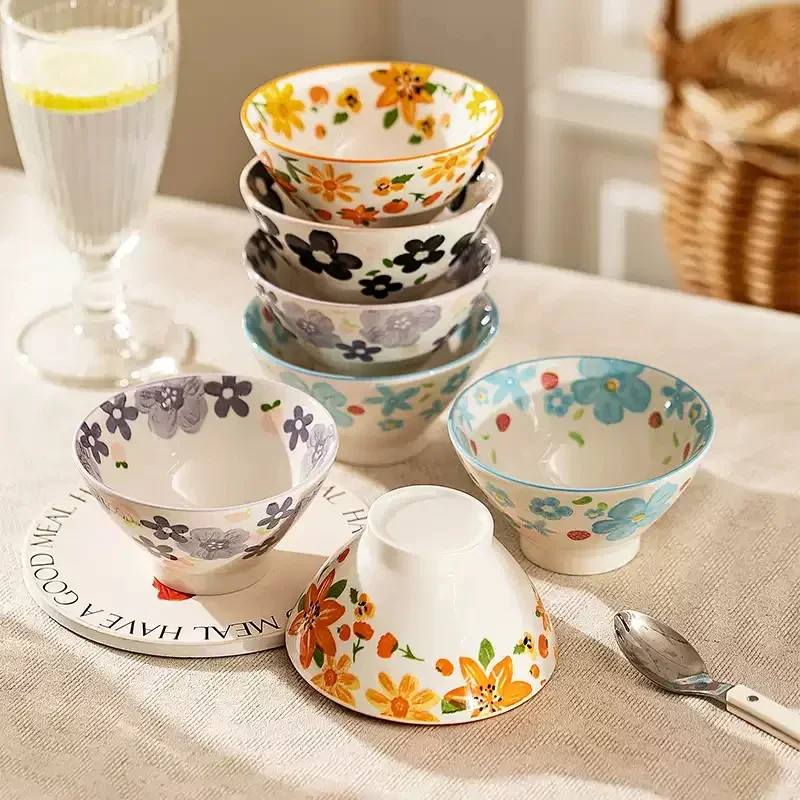 Printing 4.5inch Hand-Painted Ceramic Soup Bowl Large Capacity Instant Noodles Bowl Home Tableware Decorative Bowl High Suit