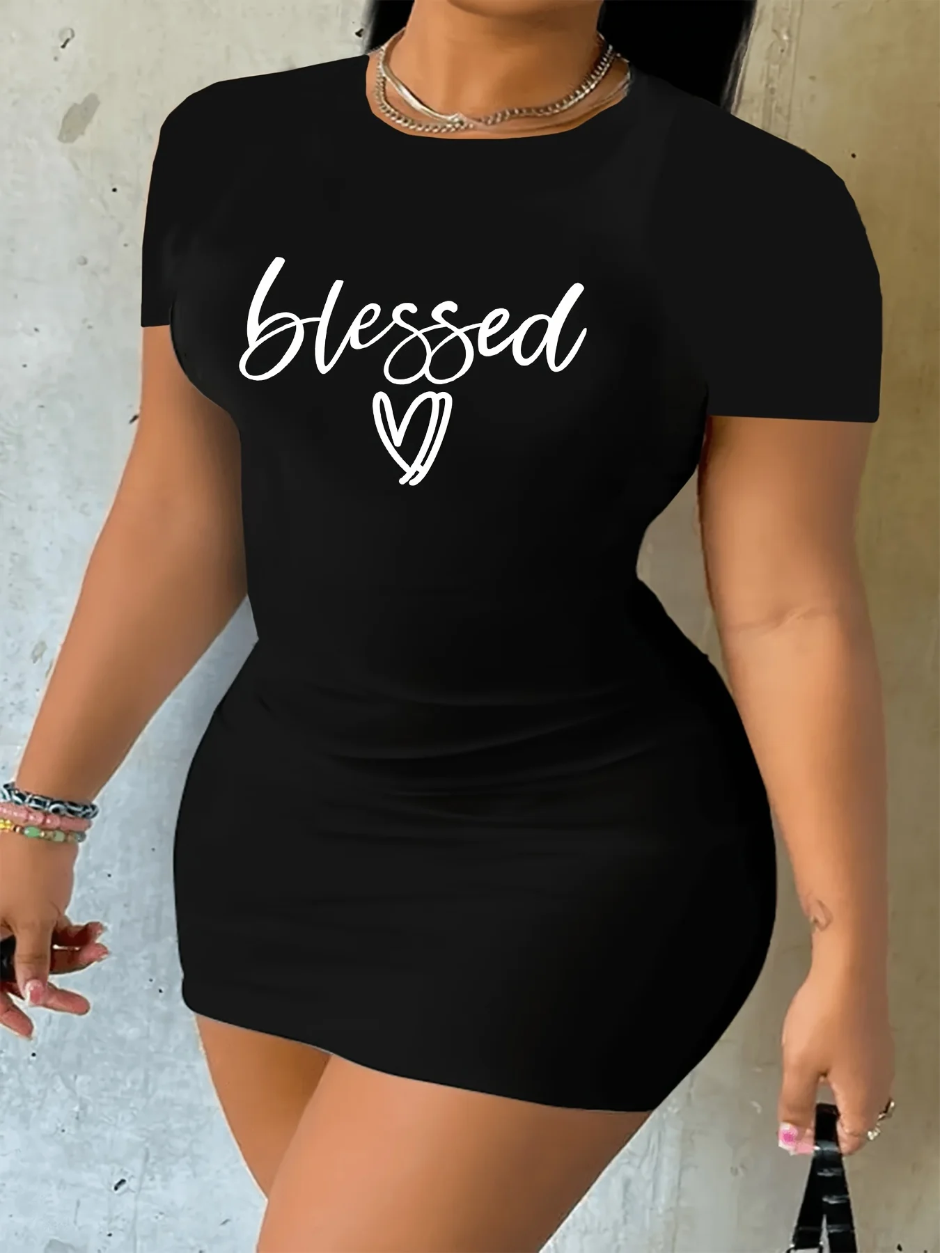 

Blessed Letter Print Crew Neck Dress, Casual Short Sleeve Bodycon Dress For Spring & Summer, Women's Clothing