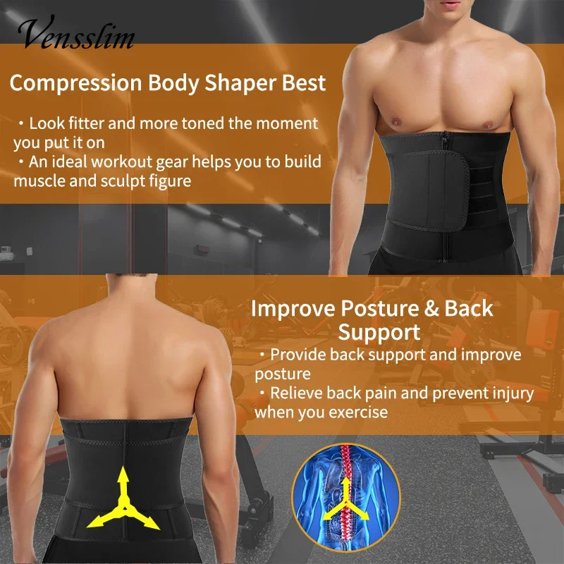 Vensslim Sauna Workout Waist Trainer Trimmer Men Weight Loss Neoprene Body Shaper Sweat Belly Belt with Adjustable Straps Corset