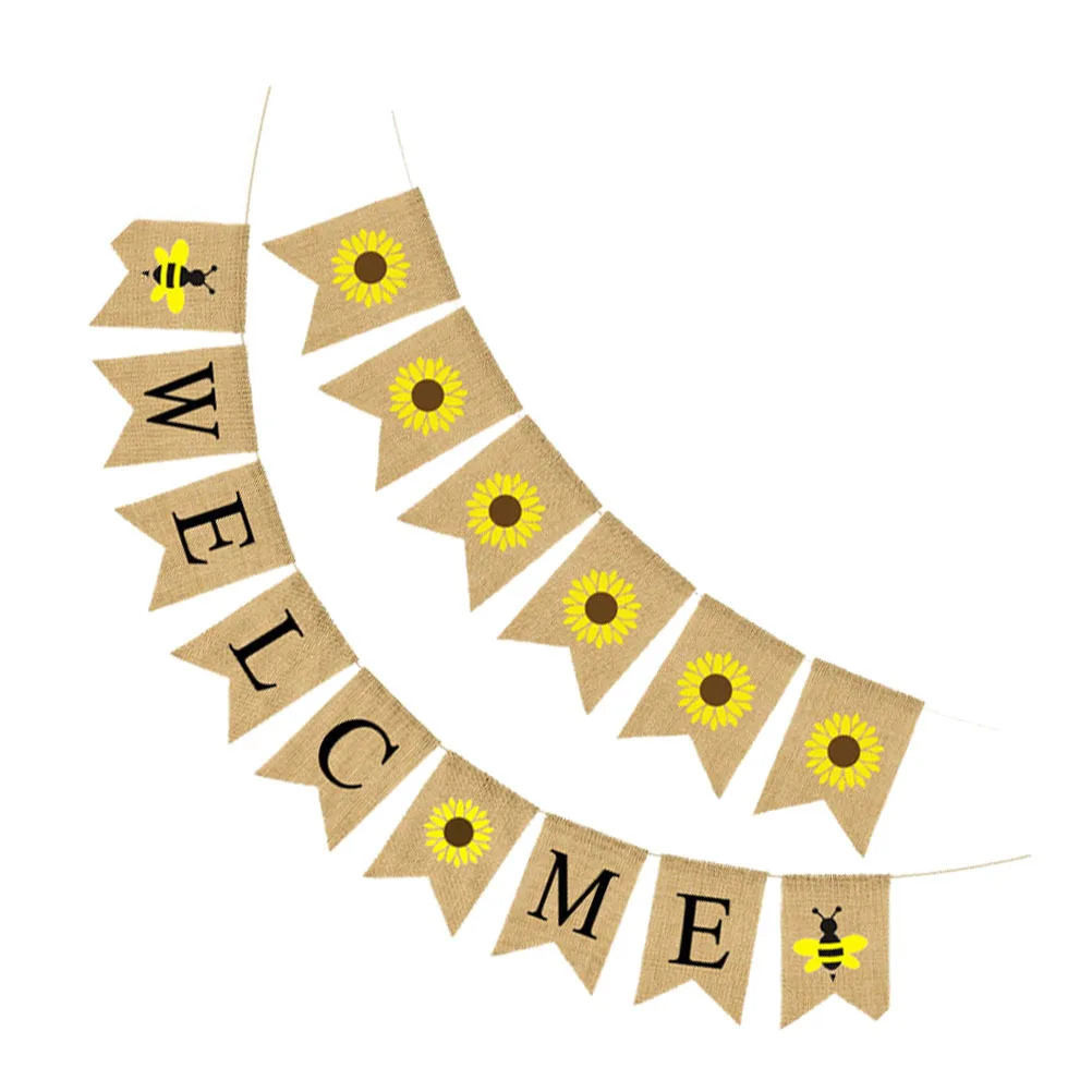 

2 set Sunflower Bee Flag Bunting Linen Welcome Banner Swallowtail Garland Party Decorative Props Wedding Birthday Decoration