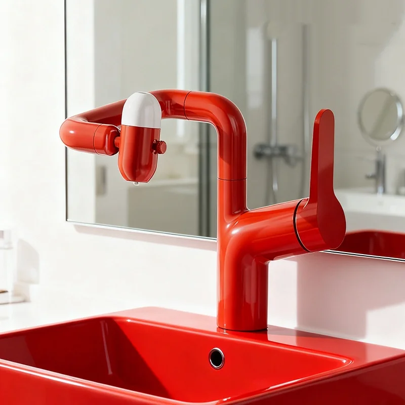 Red Bathroom Basin Faucet Functions Rotation Pull Out Faucet hot and cold Crane Brass Sink mixer White Yellow Tap New Arrival