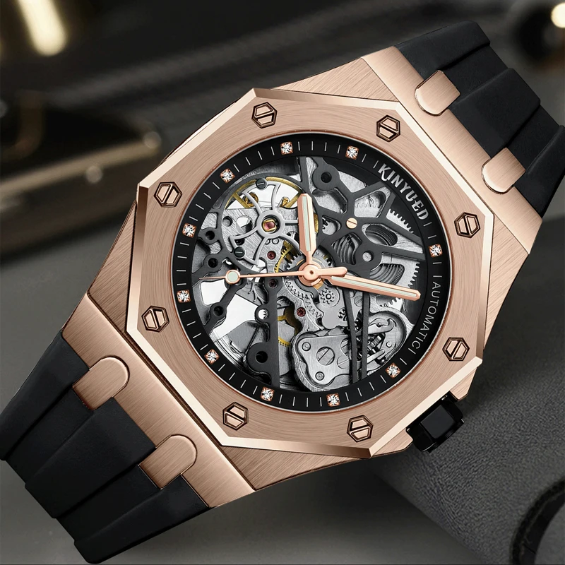 KINYUED Fashion Skeleton Mechanical Watch Top Brand Luxury Men's Silicone Strap Steampunk Hollow Automatic Watch Men Relogio
