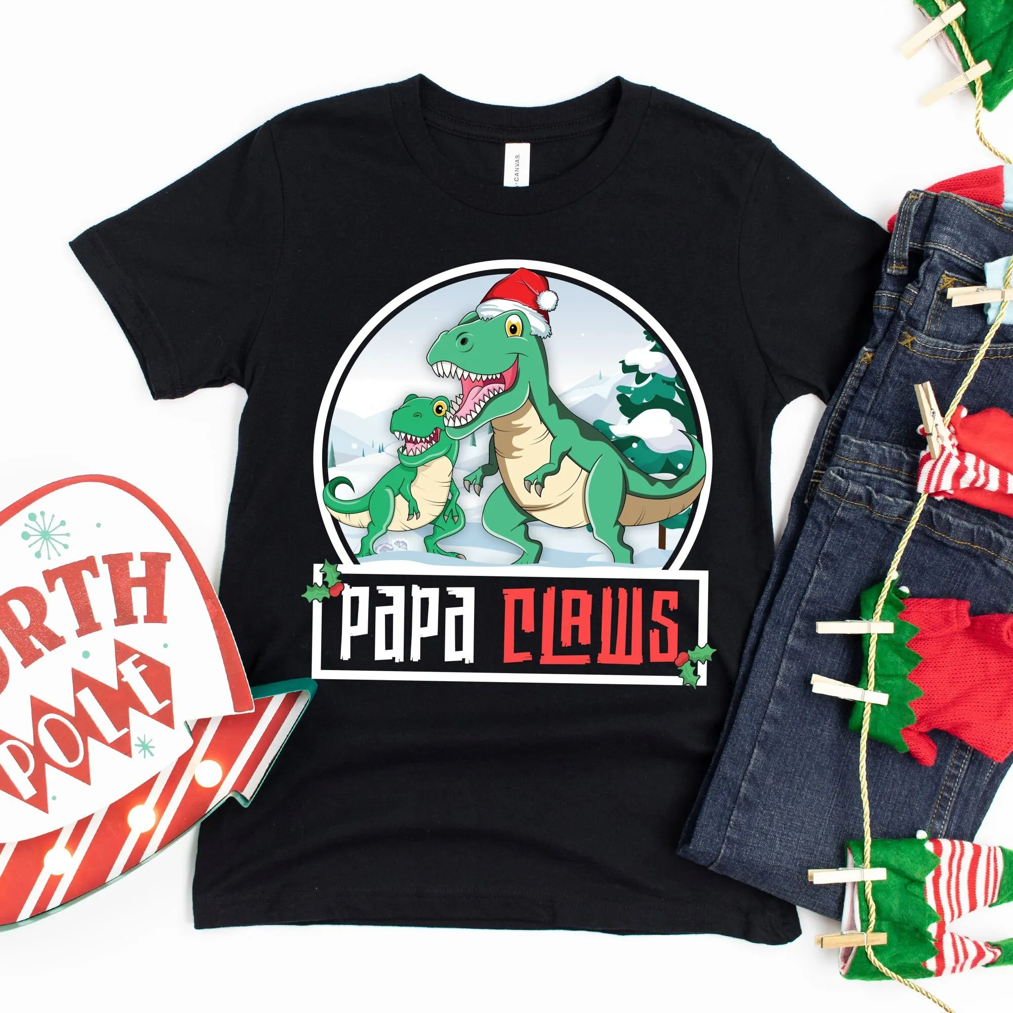 Camiseta Papa Claws abuelo Navidad familia a juego dinosaurio temporada de invierno Dino