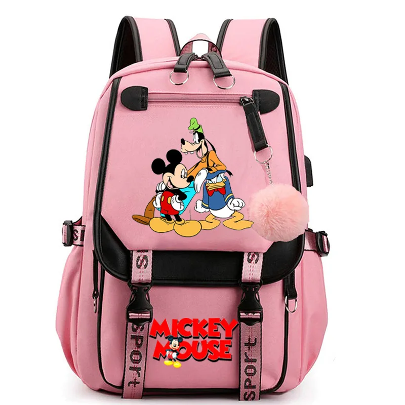 Disney Mickey Mouse Mochila Laptop, USB Recarregável, Saco De Estudante Do Ensino Médio, Meninas Estudante