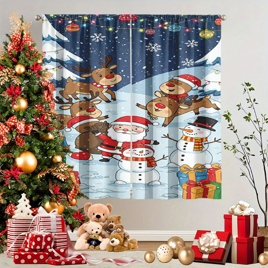 2PCS Christmas Winter Curtains, Cartoon Santa Reindeer Snowman Snow Light Gift, Digital Print, Bedroom Living Room, Home Decor