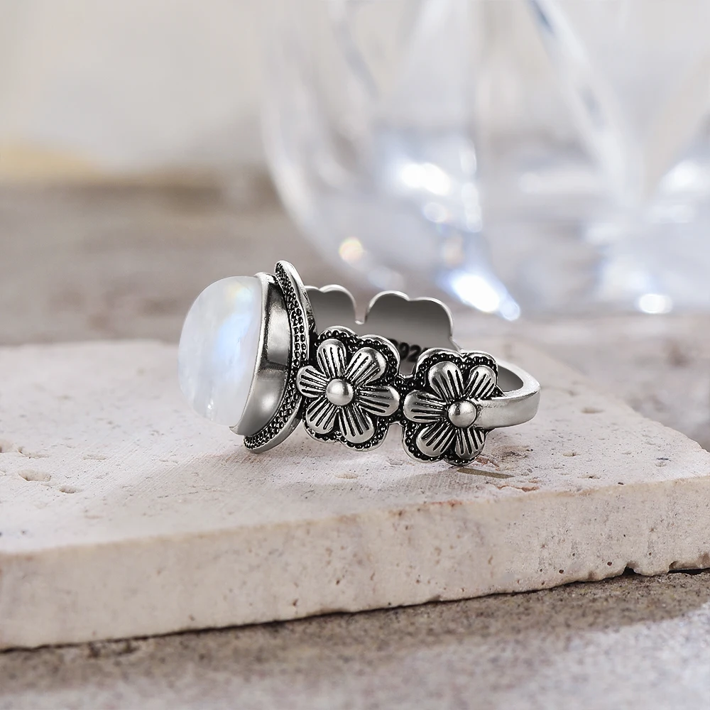 Vintage S925 Sterling Silver Rose Flower Ring With Oval 8*10mm Natural Moonstone Sweet Ring Fine Jewelry For Woman