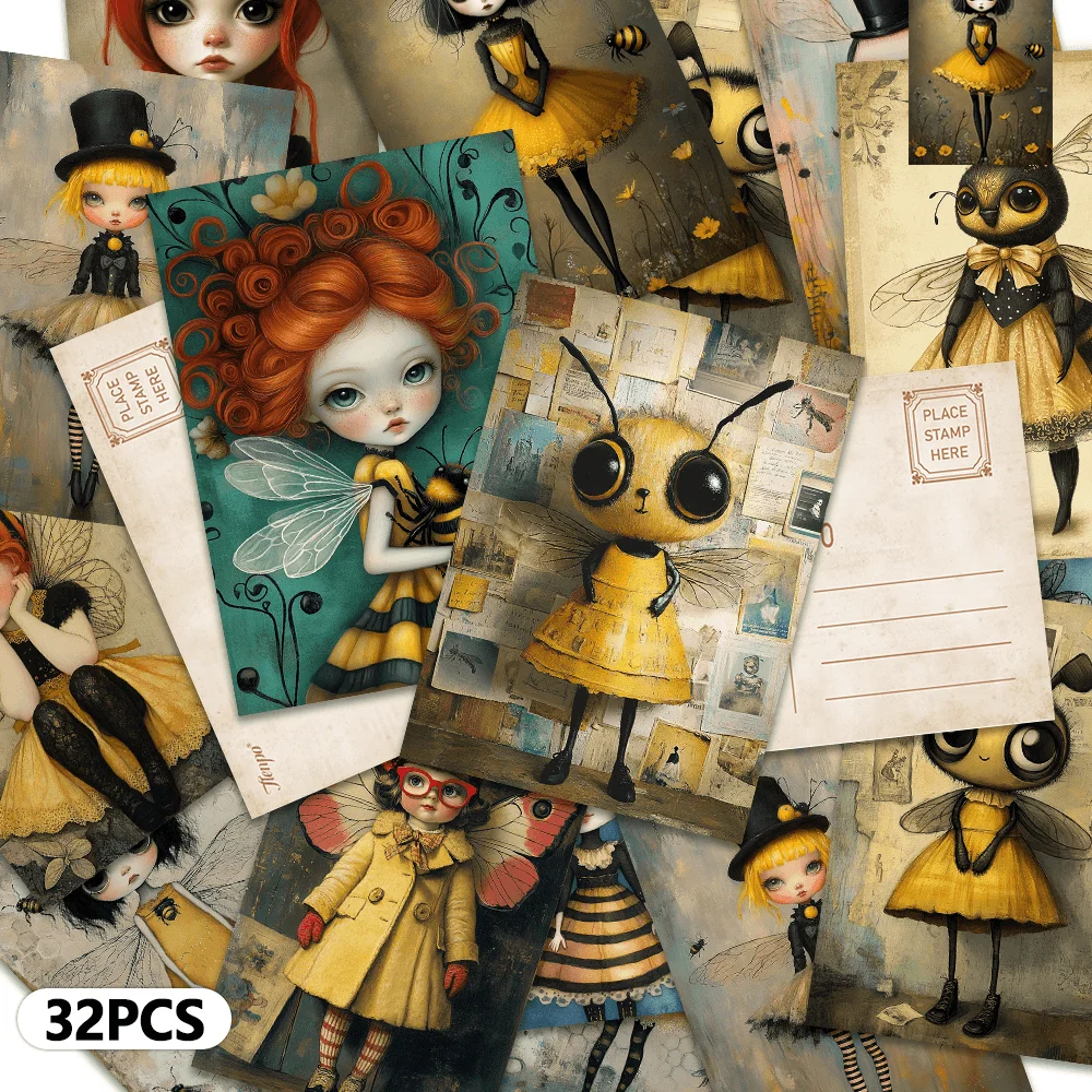 

32pcs, textured bee fairy postcards, wall stickers, mailing cards, greeting cards, DIY postcards, commemorative postcards