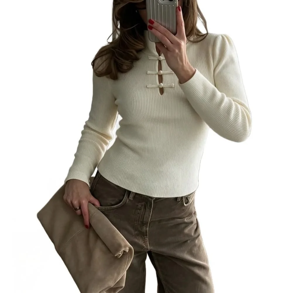 Womens Lightweight Ribbed Knit For Top Featuring Stand-Up Collar Openwork Detail and Regular Length for Travel