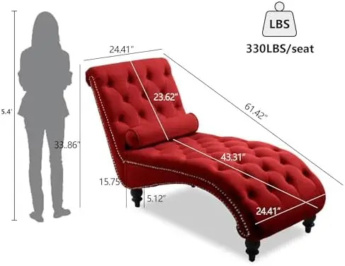 Chaise Lounge Chair Indoor, Velvet Upholstered Lounge Sofa with Bolster Pillow, Button Tufted Nailhead Trim Solid Wood