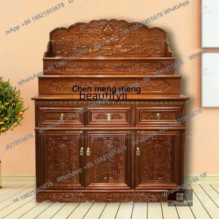 z183  Tibetan altar three-layer solid wood platform Buddha statues worship the platform house carved lotus eight auspicious