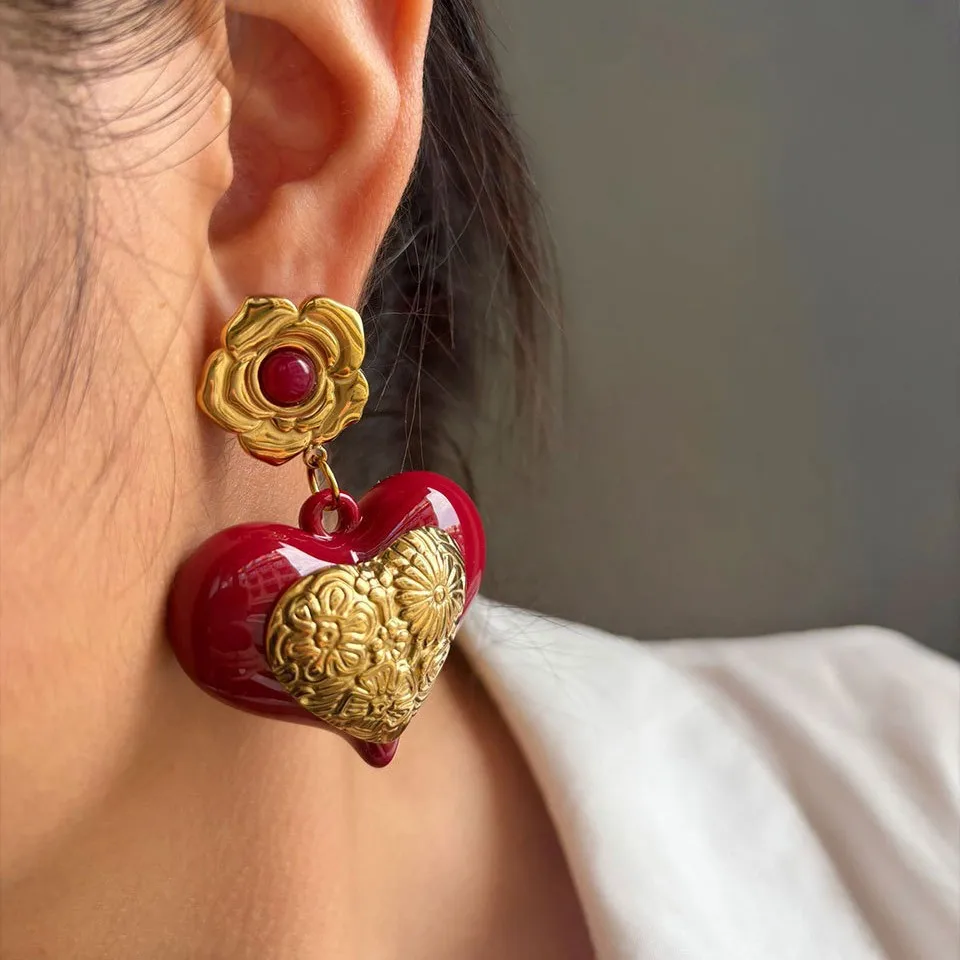 

New Vintage Exaggerated Red Resin Love Drops Lady Earring Girls Trendy Stainless Steel Wedding Party Jewelry