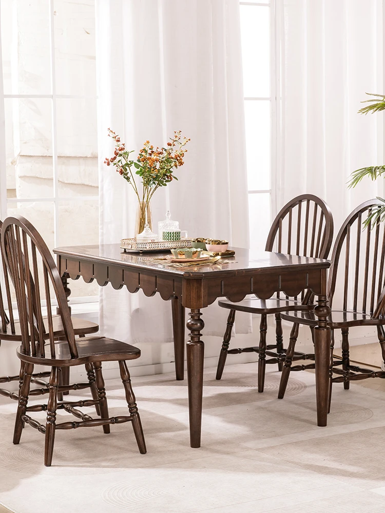 French Retro Style All Solid Wood Dining Table and Chair Combination Pure Log Long Walnut Dining  American Dining Room Furniture