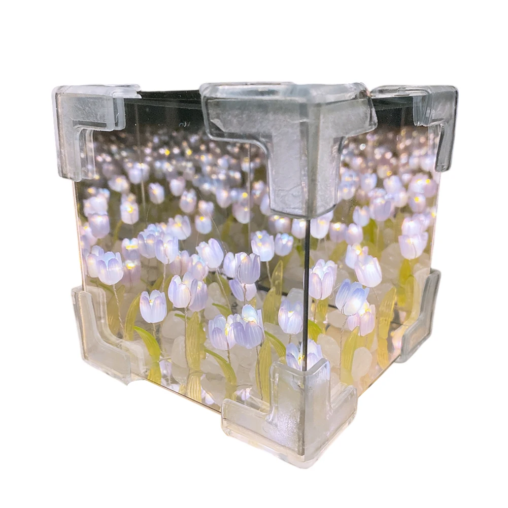 Tulip Night Light Handmade DIY Material Cube Tulip Flower Sea Night Light Creative Night Light Bedroom Decor Atmosphere Lamp