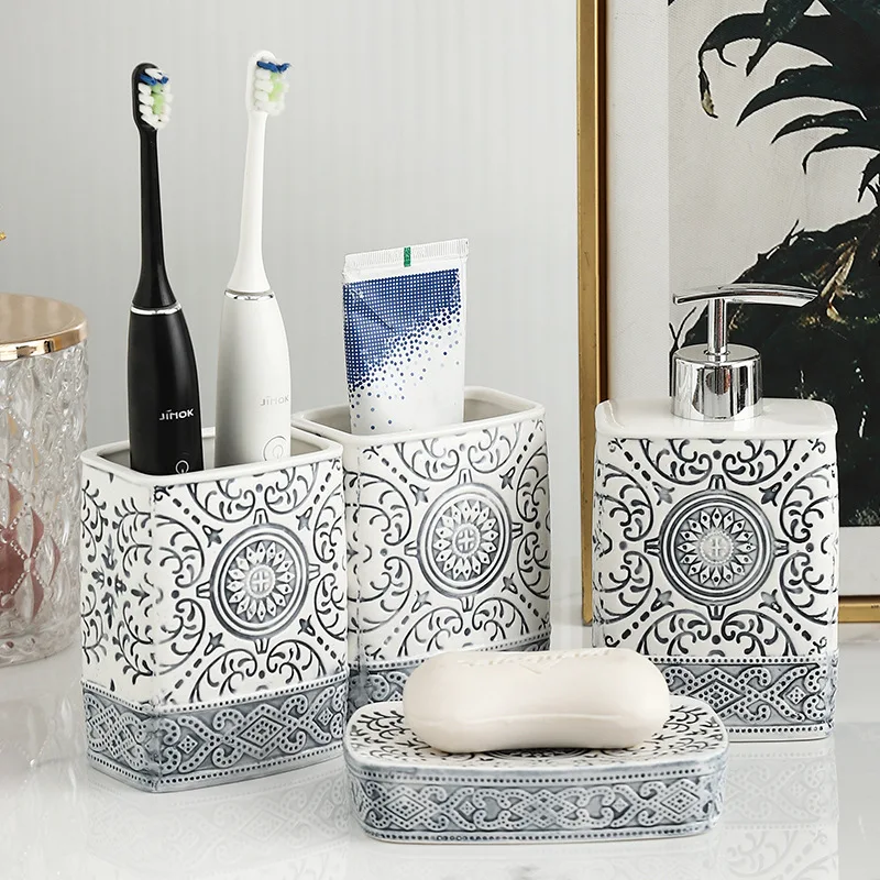 Bohemian Style Ceramic Bathroom Group Square Lotion Bottle High Color Mouthwash Cup Personality Toothbrush Cartridge