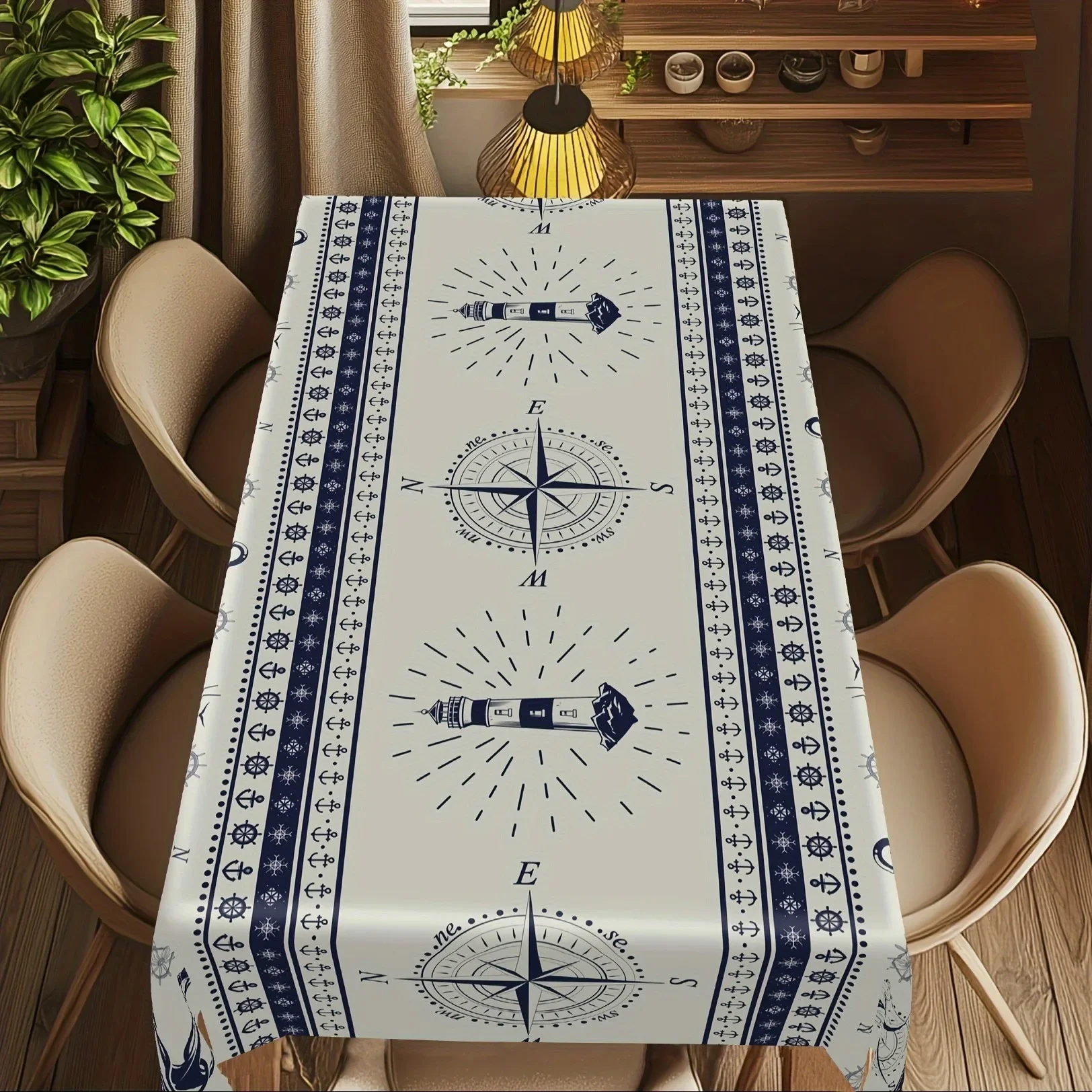 1pc, nautical tablecloth, navy blue nautical pattern (compass rose, anchor, ship wheel) yzb
