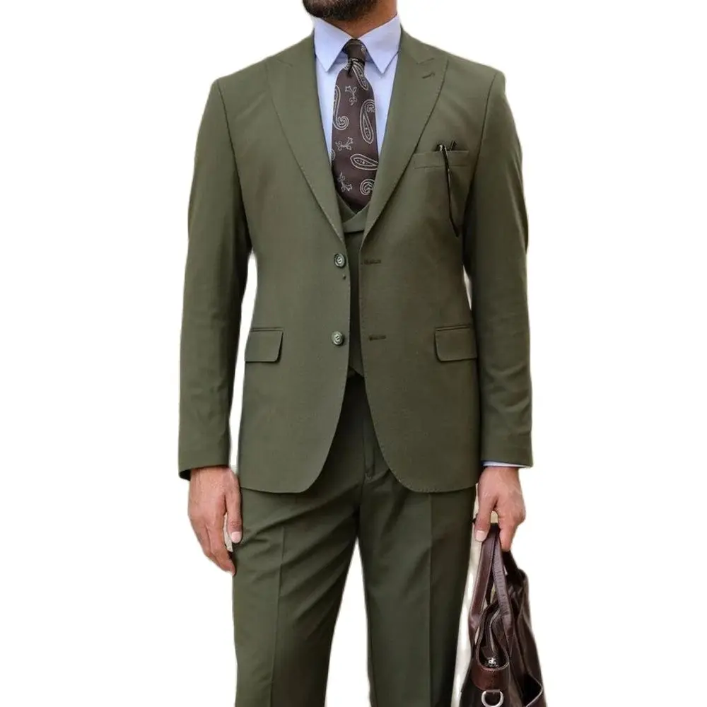 2024 Green Men Suits Single Breasted Peak Lapel Regular Length 3 Piece Jacket Pants Vest Luxury Male Clothing Costume Homme