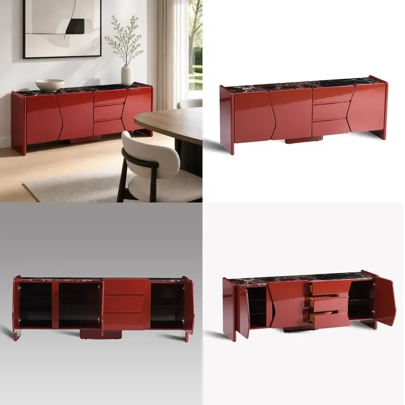 Modern minimalist side cabinets with natural marble countertops and tempered glass racks for restaurants