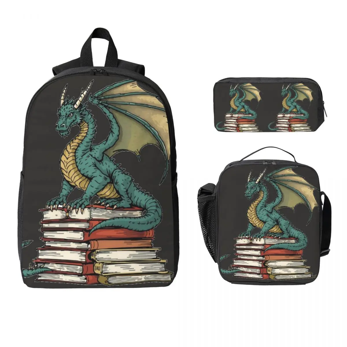 Green Dragon With Books Backpack Student BookBag School Bag Computer Shoulder Bags 3ps Insulated Lunch Bag Pencil Case
