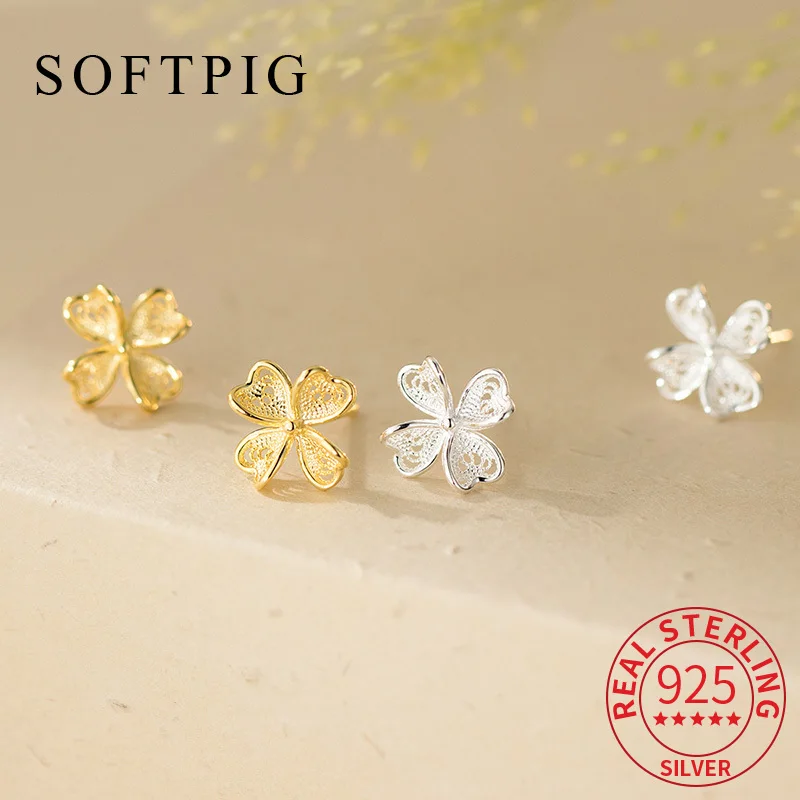 

SOFTPIG Real 925 Sterling Silver Lace Clover 18K Gold Plant Stud Earrings For Women Cute Fine Jewelry Exquisite Accessories