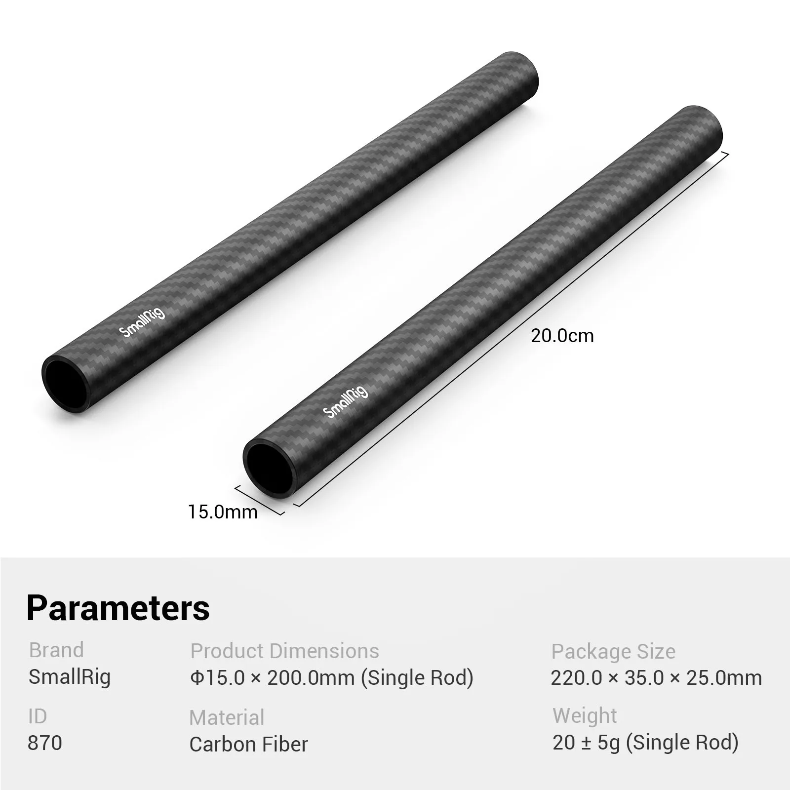 Smallrig 15Mm Carbon Hengel-20Cm 8Inch (2 Stuks) 15Mm Stang Voor Dslr Camera Video Schieten Accessoire Kit -870
