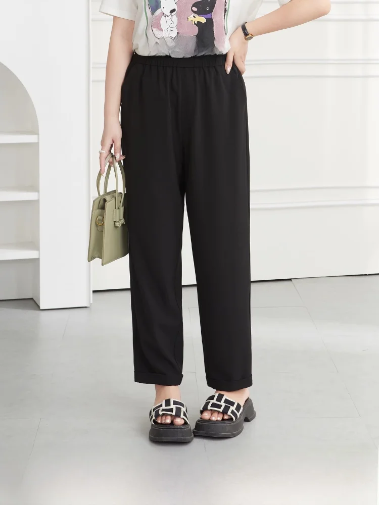 

plus Size Women's Elastic Waist Nine-Piece Pants Summer New Sle Casual Slimming Loose Fit High Waist Polyester Spandex