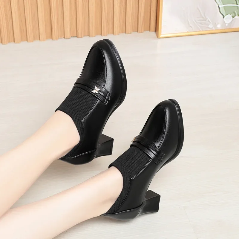 5.5cm 7.5cm Comfortable Black Butterfly Flexible Platform Pumps Women 2024 Spring Block High Heels Shoes for Office Model Mom